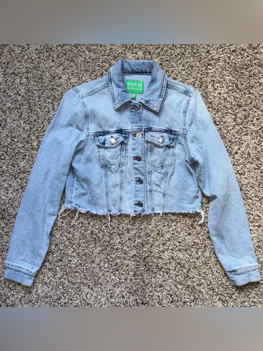 Guess Los Angeles Cropped Light Wash Denim Jacket Pink Back Logo Size XS